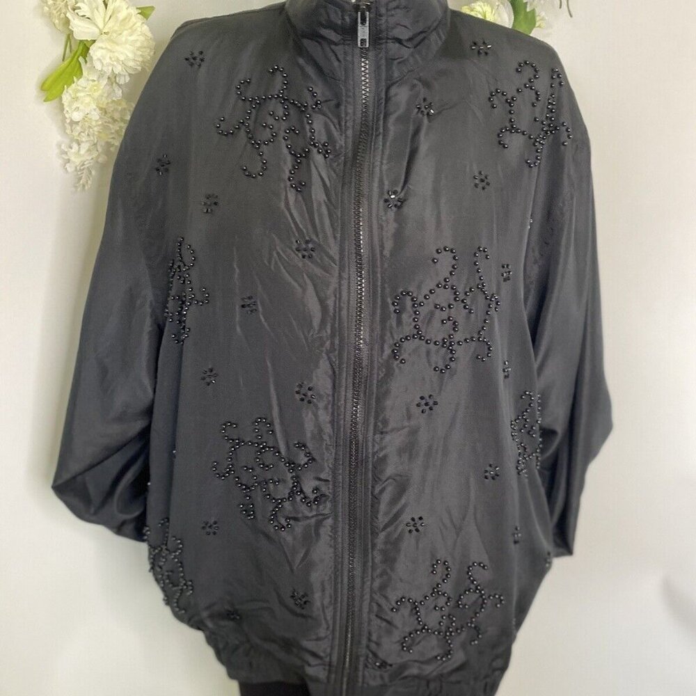 Superfine 90s Womens Black Silk Embellished Windbreaker Track Jacket Med Hip Hop